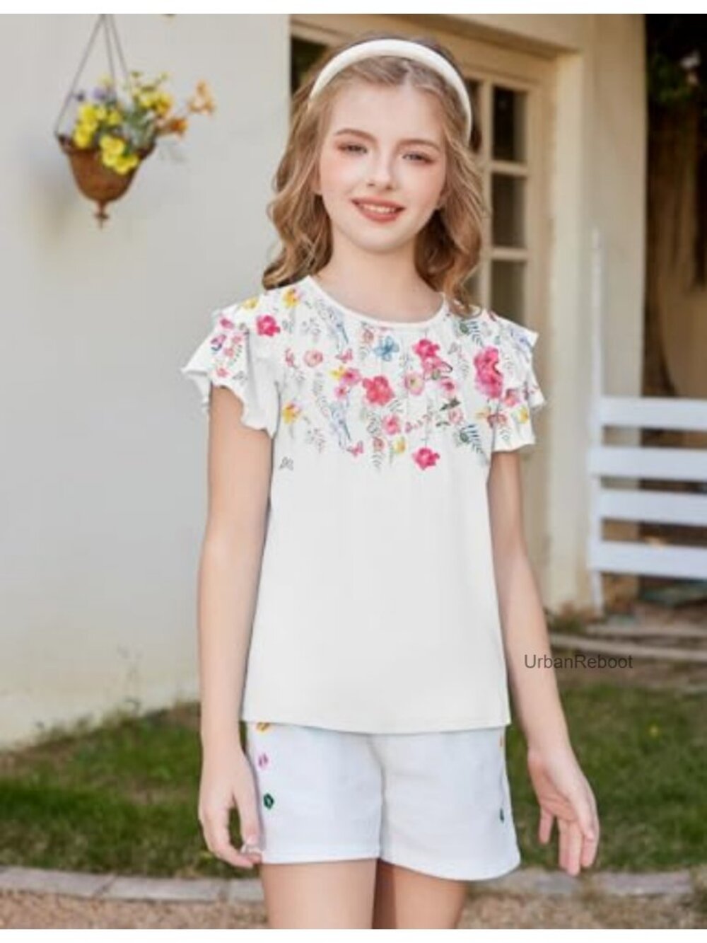 Girls Ruffle Sleeve Pleated Tee Summer Top 95% Polyester 5% Spandex